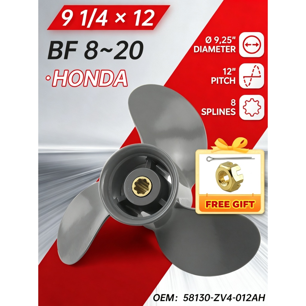 9-1/4 x 12 ใบพัดเรือนอก 3 ใบมีด 8 Spline สําหรับ Honda Yamaha 8HP 9.9HP 15HP 20HP เครื่องยนต์ 58133-