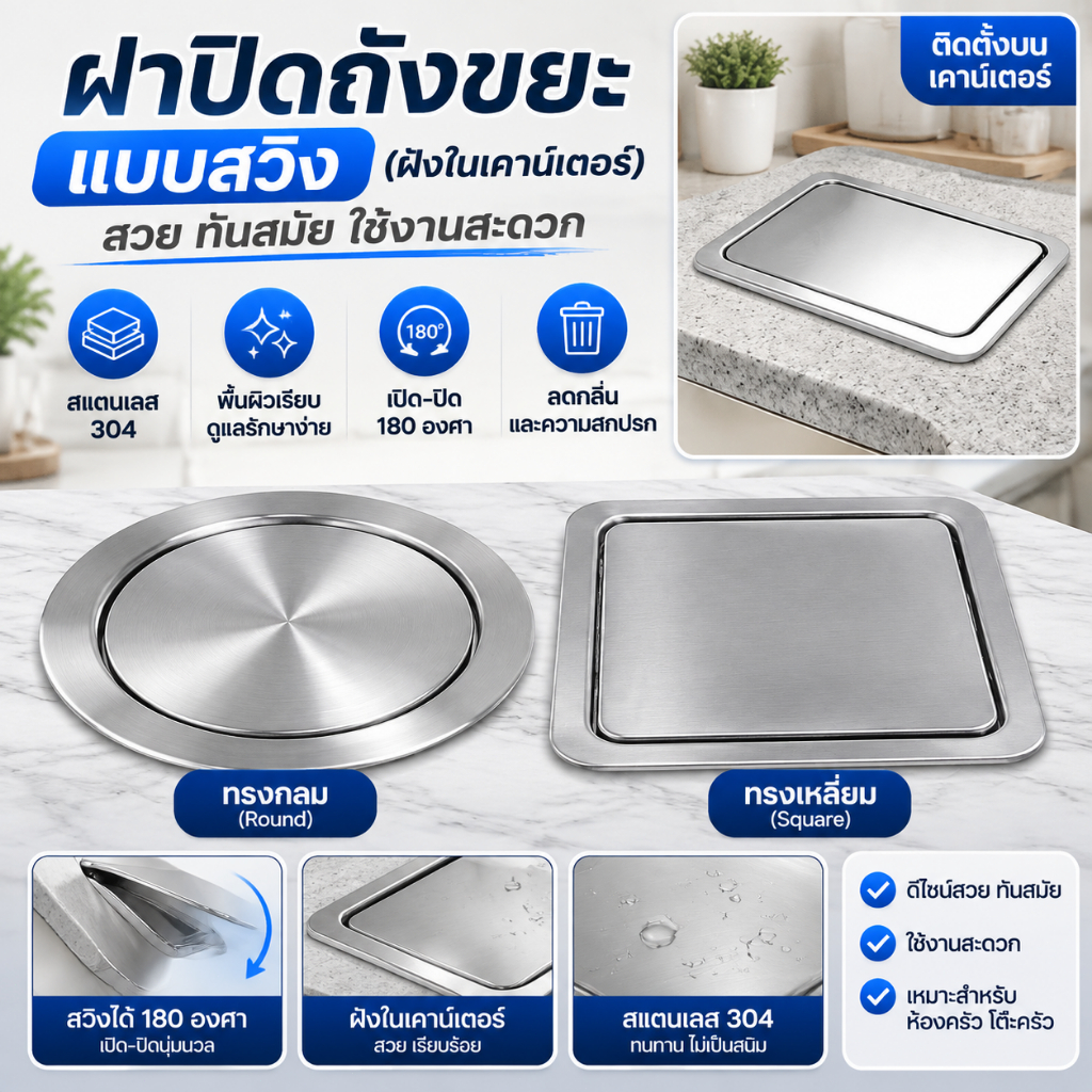 【จัดส่งท้องถิ่น】ฝาปิดถังขยะ สเตนเลส บาลานซ์ในตัว สําหรับห้องครัว