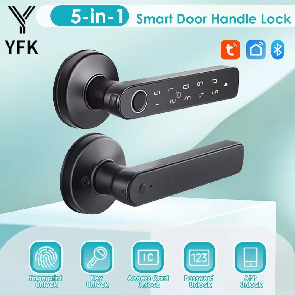 5 in1 Smart Digital Door Lock กลอนประตูดิจิตอล ลายนิ้วมือ รหัสผ่าน บัตร IC บลูทูธ กุญแจ ปลดล็อคระยะไกล Tuya APP ลูกบิดประตูอัจฉริยะ