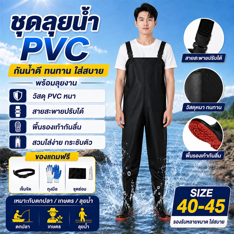 ชุดเอี๊ยมกันน้ำ PVC พร้อมรองเท้าบู๊ท ไซต์ 40-45 กันน้ำได้ดี ปรับสายได้ สวมใส่สบาย สำหรับทำสวน ทำนา ตกปลา ลุยน้ำ