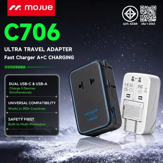 MOJUE C706 หัวแปลงปลั๊กต่างประเทศ 45W Travel Adapter มาพร้อม ช่อง USB-C และ USB-Aหัวแปลงปลั๊กต่างประเทศ 200 ประเทศ