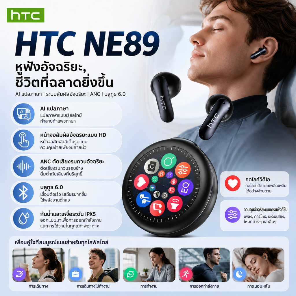 HTC NE89หูฟังแปลภาษา AI รุ่น  พร้อมเคสชาร์จแบบหน้าจอสัมผัสอัจฉริยะ – รองรับ 165 ภาษา, ระบบตัดเสียงรบกวน ANC, Bluetooth 6.0 และมาตรฐานกันน้ำ IPX5