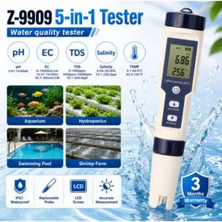 EZ-9909 5-in-1 เครื่องทดสอบคุณภาพน้ำ – pH/EC/TDS/ความเค็ม/อุณหภูมิ มีดิจิตอลปากกาทดสอบแบบพกพา ปรับเทียบอัตโนมัติ ATC ทนน้ำ IP67 พร้อมแบตเตอรี่