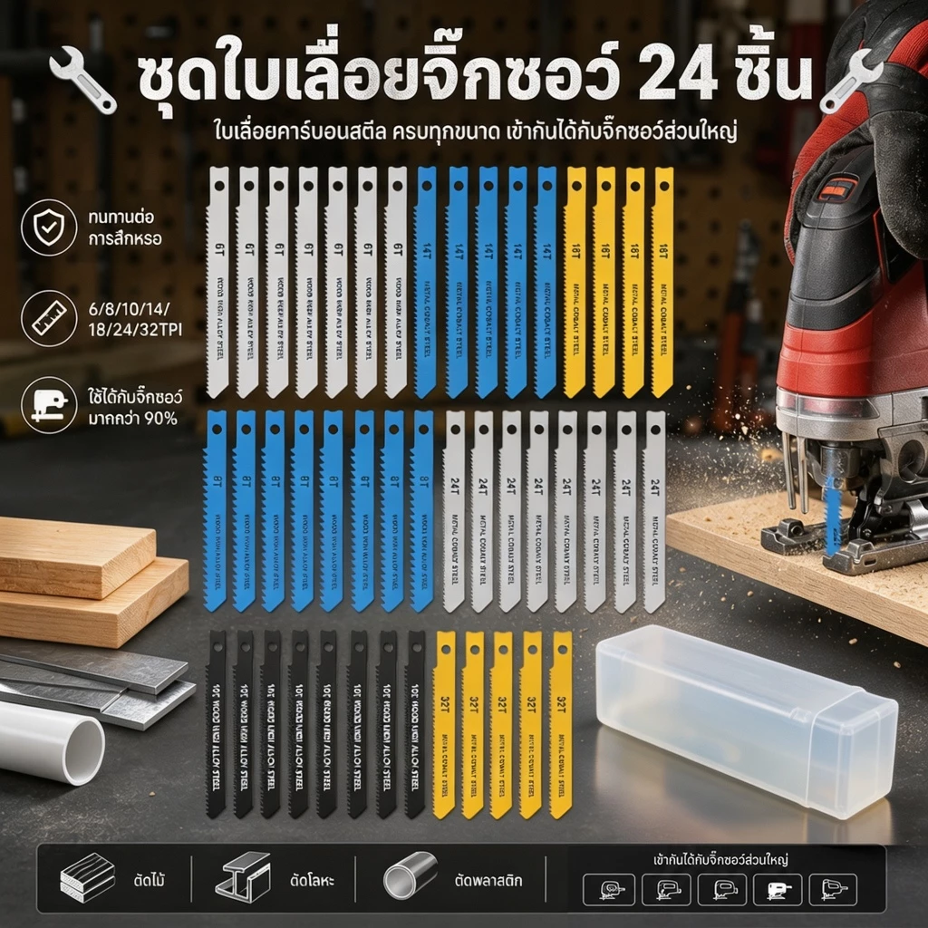 24 ชิ้น ชุดใบเลื่อยจิ๊กซอ ตัดไม้ ตัดเหล็ก ตัดอลูมิเนียม รุ่น ไม้ จิ๊กซอ เหล็กคาร์บอน พร้อมก้านตัว U สําหรับงาน พลาสติก โลหะ สำหรับไม้(เหล็ก +) Jig saw Blade Set คุณภาพสูง แข็งแรง