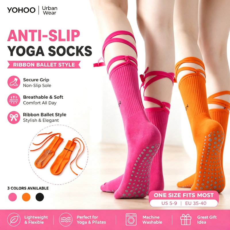 ถุงเท้าพิลาทิส กันลื่น ผู้หญิง ถุงเท้าโยคะ Grip Socks Mid Calf Barre Dance Fitness นุ่ม ใส่สบาย