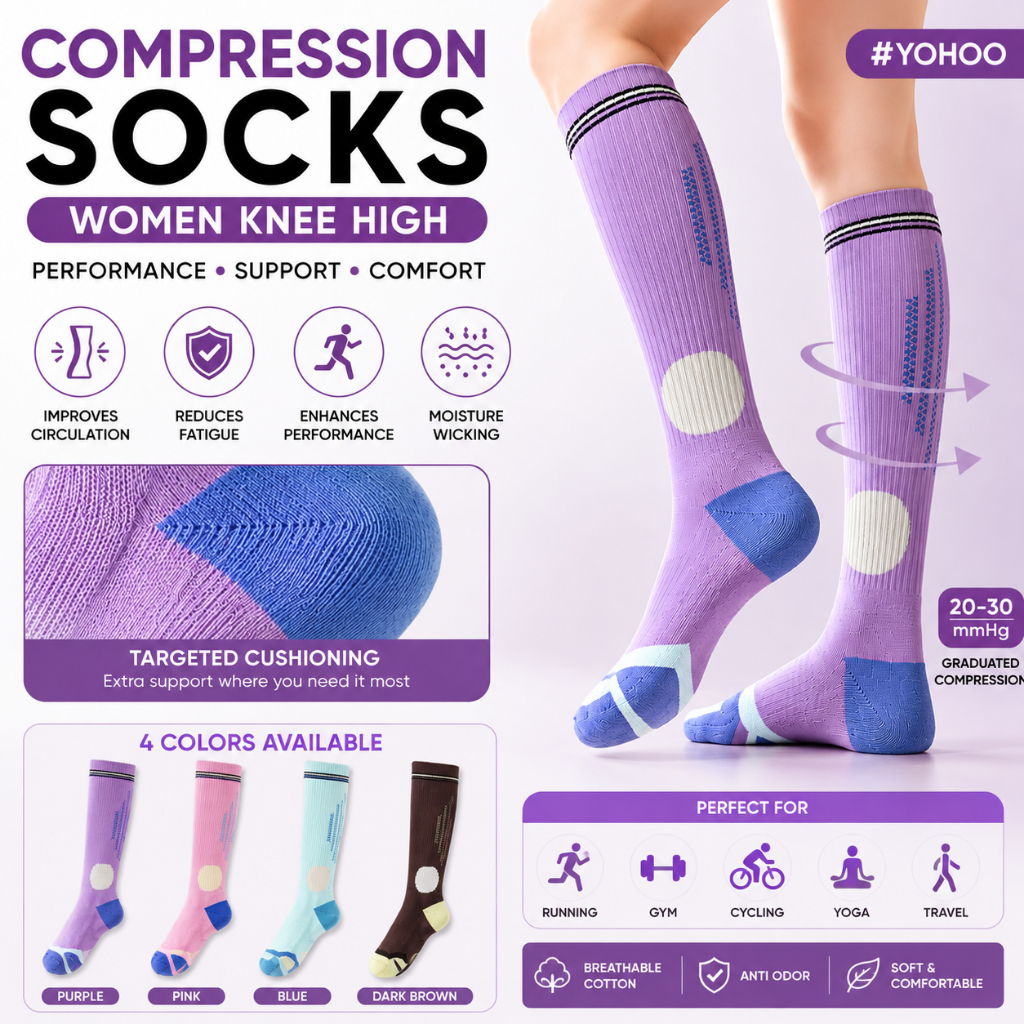 Compression Socks ถุงเท้ารัดน่อง ผู้หญิง ถุงเท้าวิ่ง ระบายอากาศ กระชับน่อง ฟิตเนส กีฬา ออกกำลังกาย