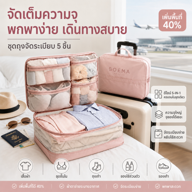 5-in-1 การบีบอัดก้อนบรรจุกันน้ํา Travel Organizer กระเป๋าเก็บกระเป๋าเดินทางแบบพับได้ประหยัดพื้นที่ 40%
