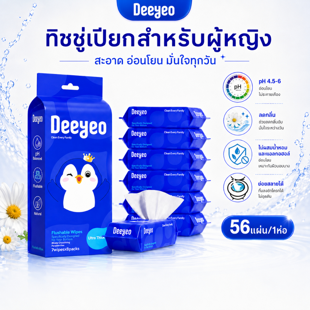 DEEYEO ทิชชู่เปียก สำหรับผู้หญิง เช็ดจุดซ่อนเร้น ป้องกันแบคท