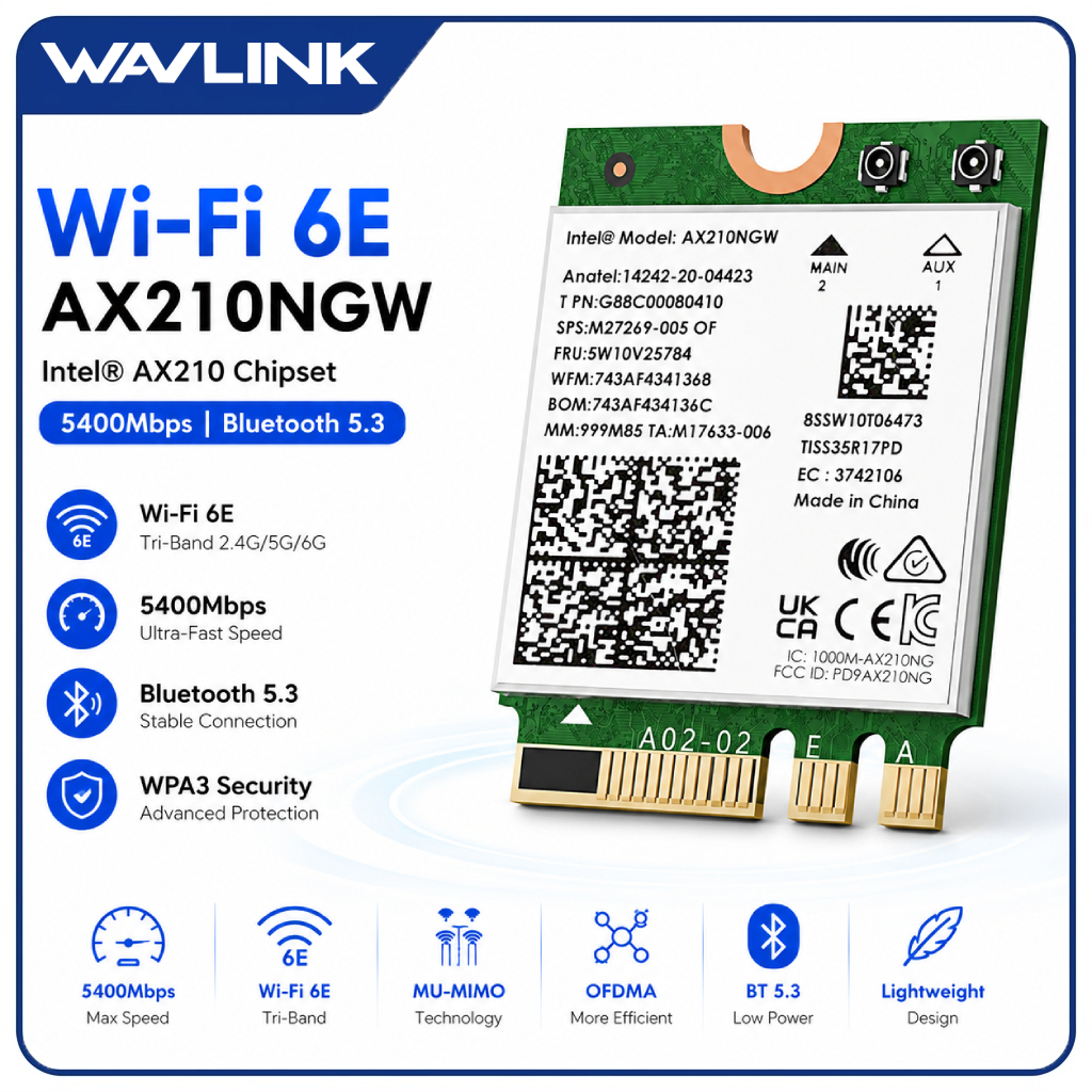 Wavlink Intel AX210 Wi-Fi 6E การ์ดเครือข่ายไร้สาย Wifi สําหรับแล็ปท็อป 5400Mbps Tri-Band 2.4GHz 5GHz