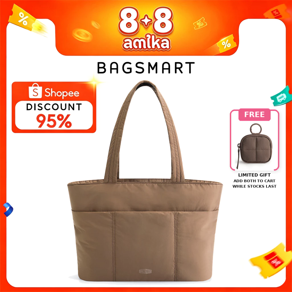 BAGSMART Tote Bag ผู้หญิง ใส่โน้ตบุ๊ก 14 นิ้ว ทรงพัฟฟี่ น้ำหนักเบา มีซิป มีกระเป๋าด้านหน้า สำหรับทำงานและเดินทาง