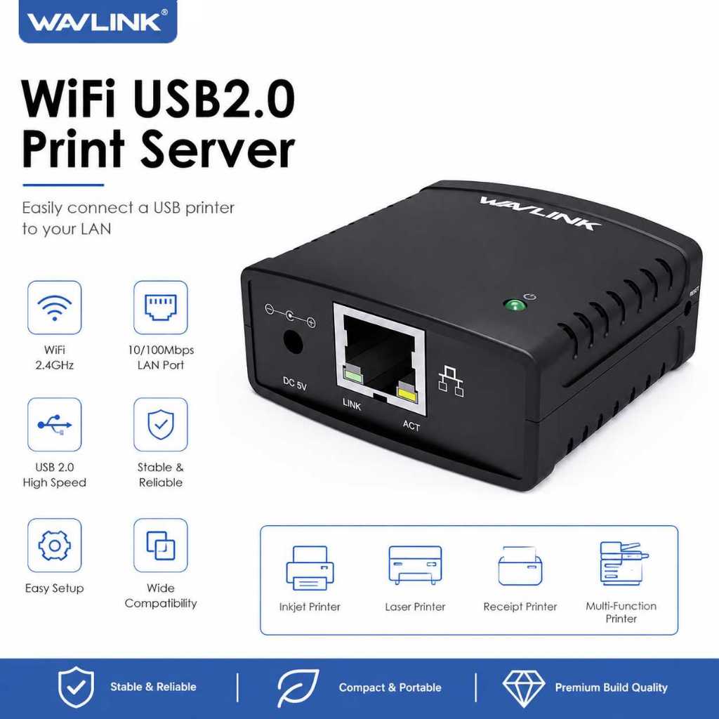 WAVLINK Wireless Print Server 10/100Mbps LAN Print Share Server USB 2.0 Print Server Adapter สําหรับ