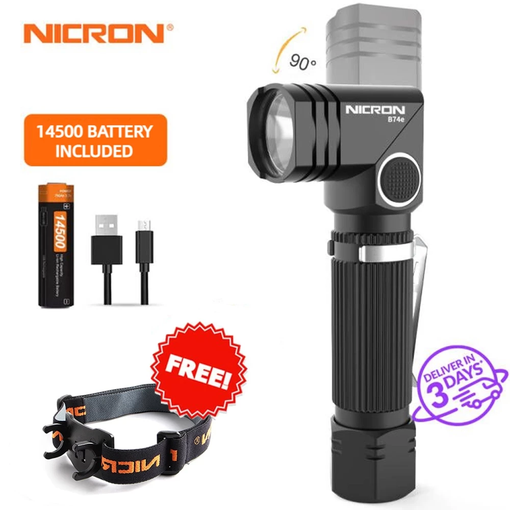 NICRON ไฟฉาย Led B74E B74T ไฟสีแดง B74UV UV Light Handfree Dual Fuel 90° Twist Rotary Clip 600-700 LM กันน้ํา IP65 แม่เหล็กแรงสูง Mini Lighting โคมไฟฉายพกพา Christmas gift