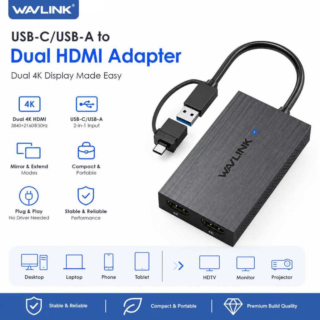 WAVLINK DisplayLink อะแดปเตอร์ HDMI คู่ 4K @ 60Hz USB A/USB C เป็นตัวแปลง HDMI สําหรับ Windows และ M