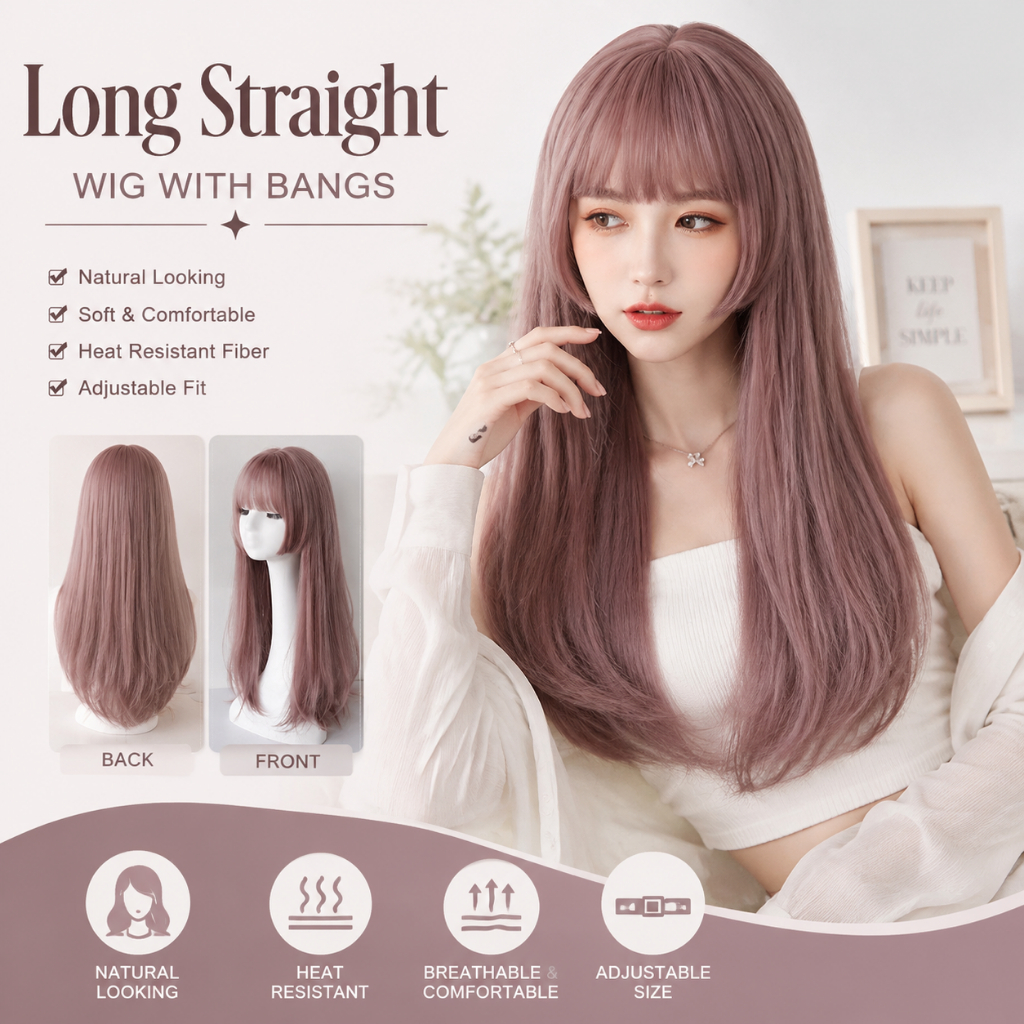 วิกผมคอสเพลย์ Lolita 68cm ยาวตรง หน้าม้า ทรงฮิเมะ (Hime Cut) สำหรับผู้หญิง ใส่แล้วหน้าเรียว