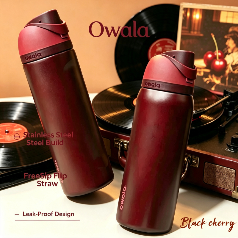 ของแท้ Owala FreeSip ขวดน้ําฉนวนเชอร์รี่สีดํา, 24oz/32oz แก้วน้ําสแตนเลสเกรดอาหาร, BPA ฟรี Leakproof Flip Straw ถ้วยกีฬาสําหรับเดินทางโรงเรียนยิมใช้ทุกวัน