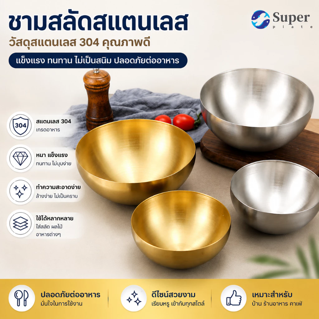 ✨ส่งจากไทย✨ชามสลัดเกาหลี สแตนเลส 304 พรีเมี่ยม สำหรับใส่อาหาร สลัด ผลไม้ ทนทาน ไม่เป็นสนิม