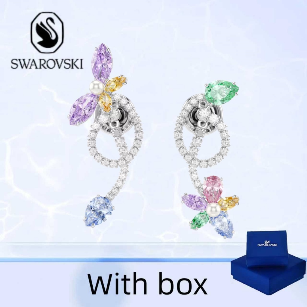 Swarovski (พร้อมกล่อง) ซื้อต่างหูเครื่องประดับเงินแท้ Ariana Grande x Swarovski ดอกไม้สีจี้แมลงปอต่างหูขาตั้งดอกไม้ที่ถอดออกได้