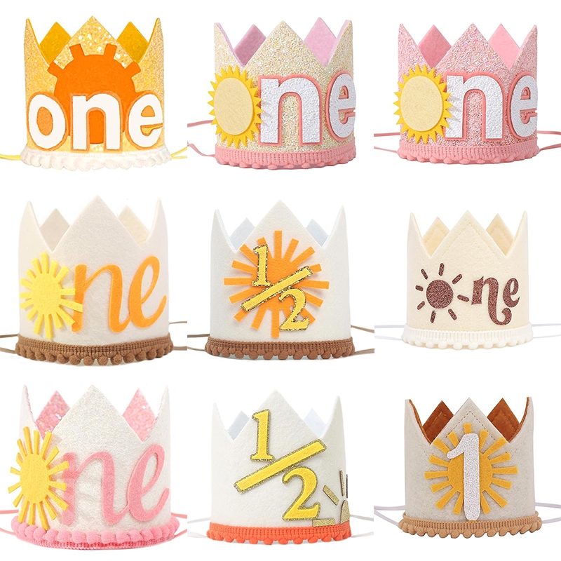 Baby First Birthday Crown หมวก Sun 1/2 วันเกิด Felt Crown สําหรับ Baby Shower Birthday Party อุปกรณ์