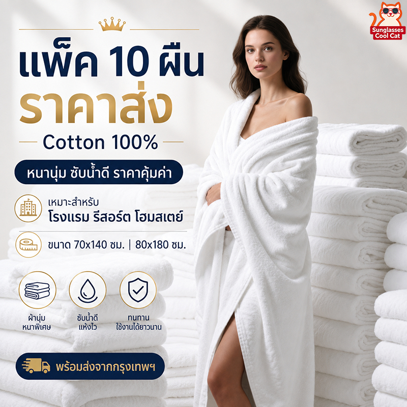 ผ้าขนหนูโรงแรม 1ถุงมี10ชิ้นค่ะ Cotton 100% ผ้าเช็ดตัวผืนใหญ่ 80x180 ขนาดใหญ่พิเศษ วัสดุหนาและนุ่ม ซับน้ำไวกว่าปกติ ขนไม่หลุด ทนทาน สำหรับโรงแรม สปา โฮมสเตย์