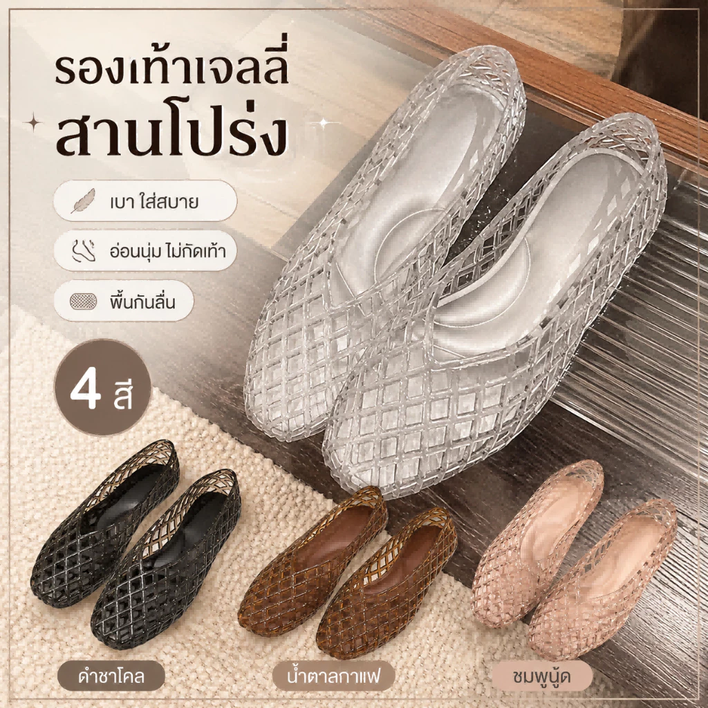 รองเท้าแตะเจลลี่ผู้หญิงแต่งคริสตัล แบบเจาะรู ระบายอากาศ สวมง่าย พื้นนุ่มกันลื่น ใส่สบาย สำหรับใส่ทุกวันและเที่ยวทะเล