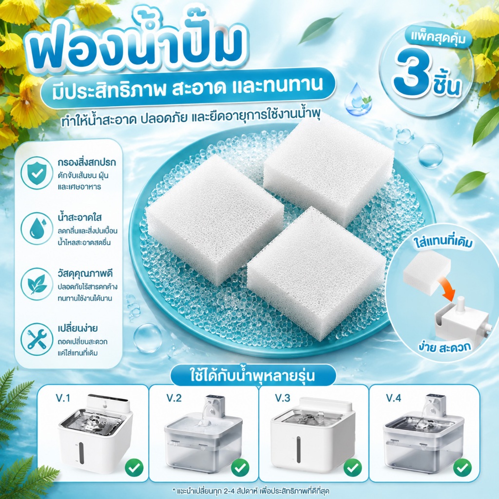 PETLUSCI® สำหรับน้ำพุสัตว์เลี้ยง 3/6/12pcs อุปกรณ์เสริมที่ให้น้ำสำหรับสัตว์เลี้ยง สำลีกรองปั้มน้ำ กรองสิ่งสกปรกในเพื่อให้สะอาด