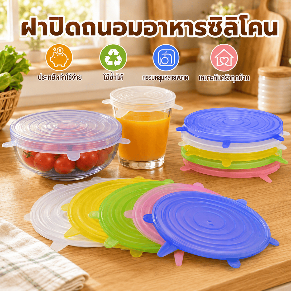 ฝาซิลิโคนปิดอาหาร 6 ขนาด ยืดหยุ่นสูง ใช้กับชาม ถ้วย จาน แก้ว และผลไม้ ปิดแน่นกันหก คุ้มค่า พร้อมส่งไทย ใช้ได้นาน