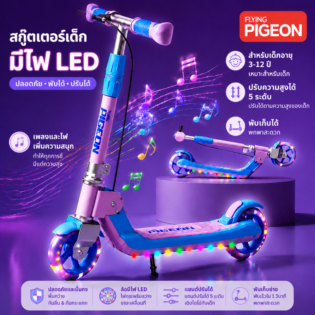 สกู๊ตเตอร์เด็ก พับได้ ปรับความสูงได้ (5ระดับ) ล้อเงียบ ไม่ลื่น เบรคมือ เบรกเท้า รับน้ําหนัก 100กิโลกรัม