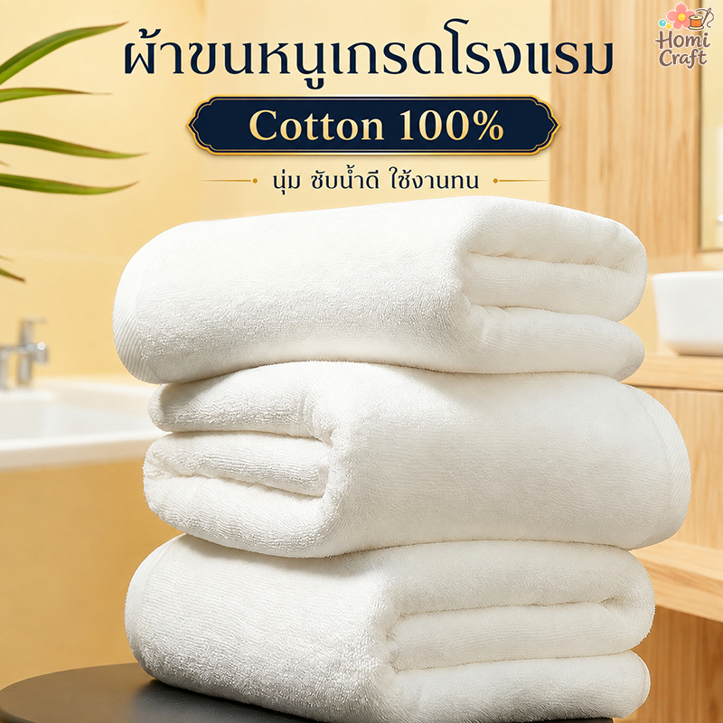 ผ้าเช็ดตัว ผ้าขนหนู เกรดโรงแรม COTTON 100% ขนคู่ ซับน้ำดีขนไม่หลุด เนื้อนุ่ม ใหญ่พิเศษ80x180cm
