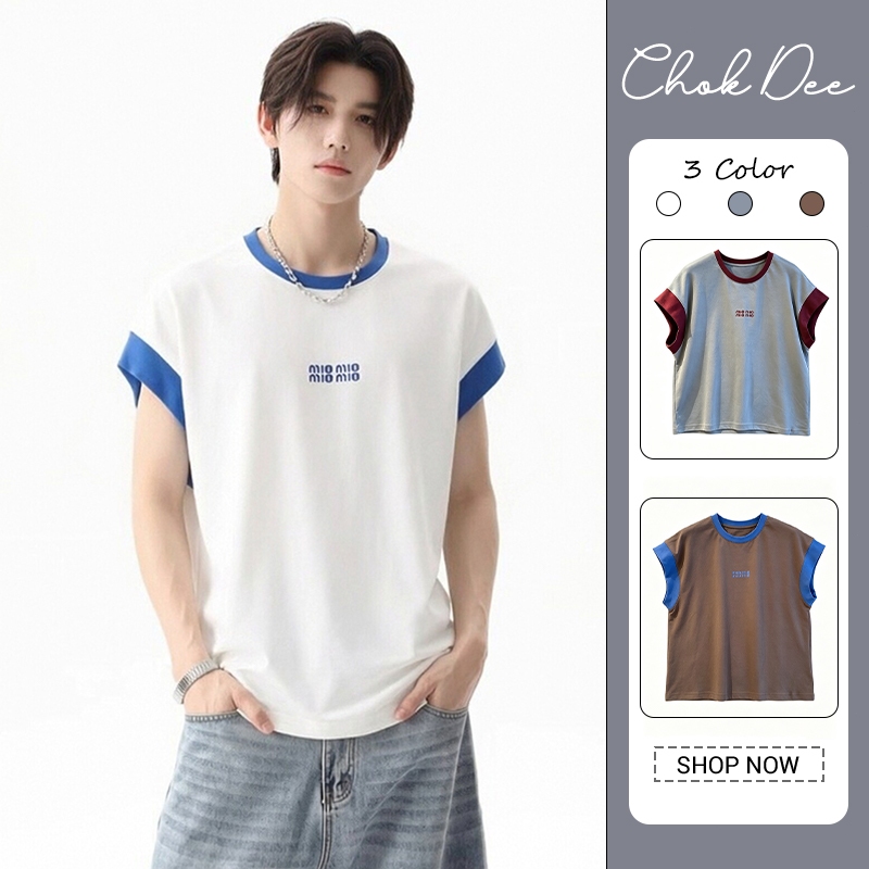 ผู้ชายวินเทจคมชัดตัดลูกเรือคอเสื้อยืดหลวมวางไหล่ บล็อกสี ระบายอากาศ สบาย บางสบายๆทุกวันฤดูร้อนด้านบนสําหรับชายหนุ่ม