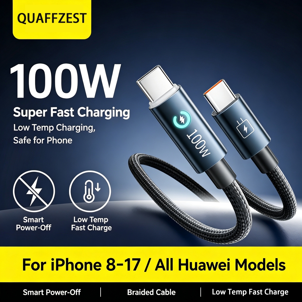 สายเคเบิล USB‐C ที่ชาร์จเร็วสุด 100W เป็น type‐C, สายชาร์จ Type-C แบบแบบถักอัจฉริยะสําหรับโทรศัพท์