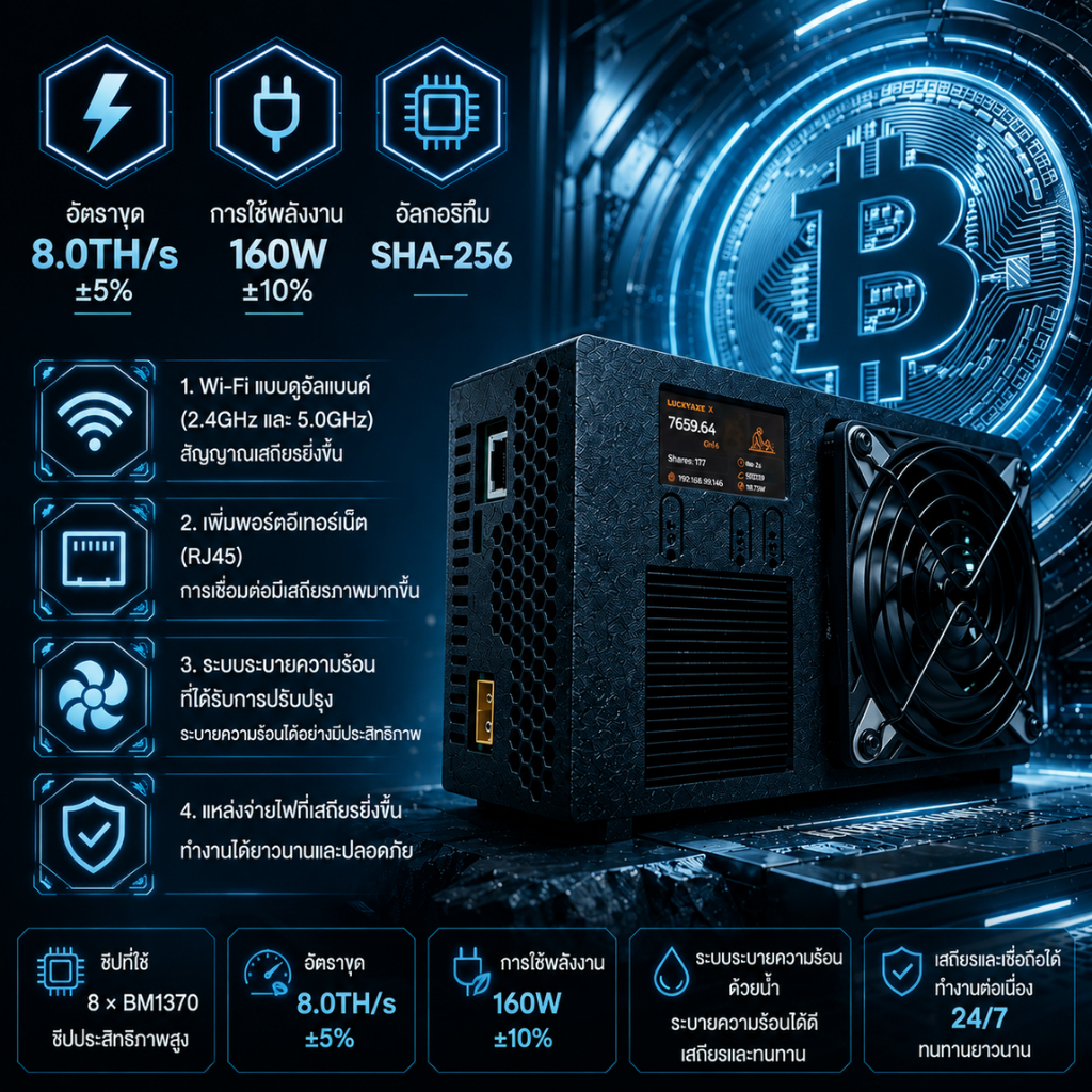LuckyAxe X 8TH/s 160W Bitcoin Lotto Miner SHA-256 BTC BCH Solo Dual Band WiFi RJ45 ใช้พลังงานต่ําในค