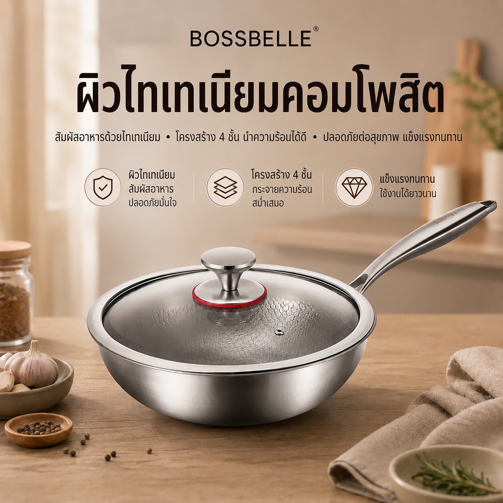 BossBelle-กระทะไทเทเนียมแท้ขึ้นรูปด้วยมือ พร้อมฝาปิด| ไทเทเนียมแท้ | ไม่เคลือบผิว-3203