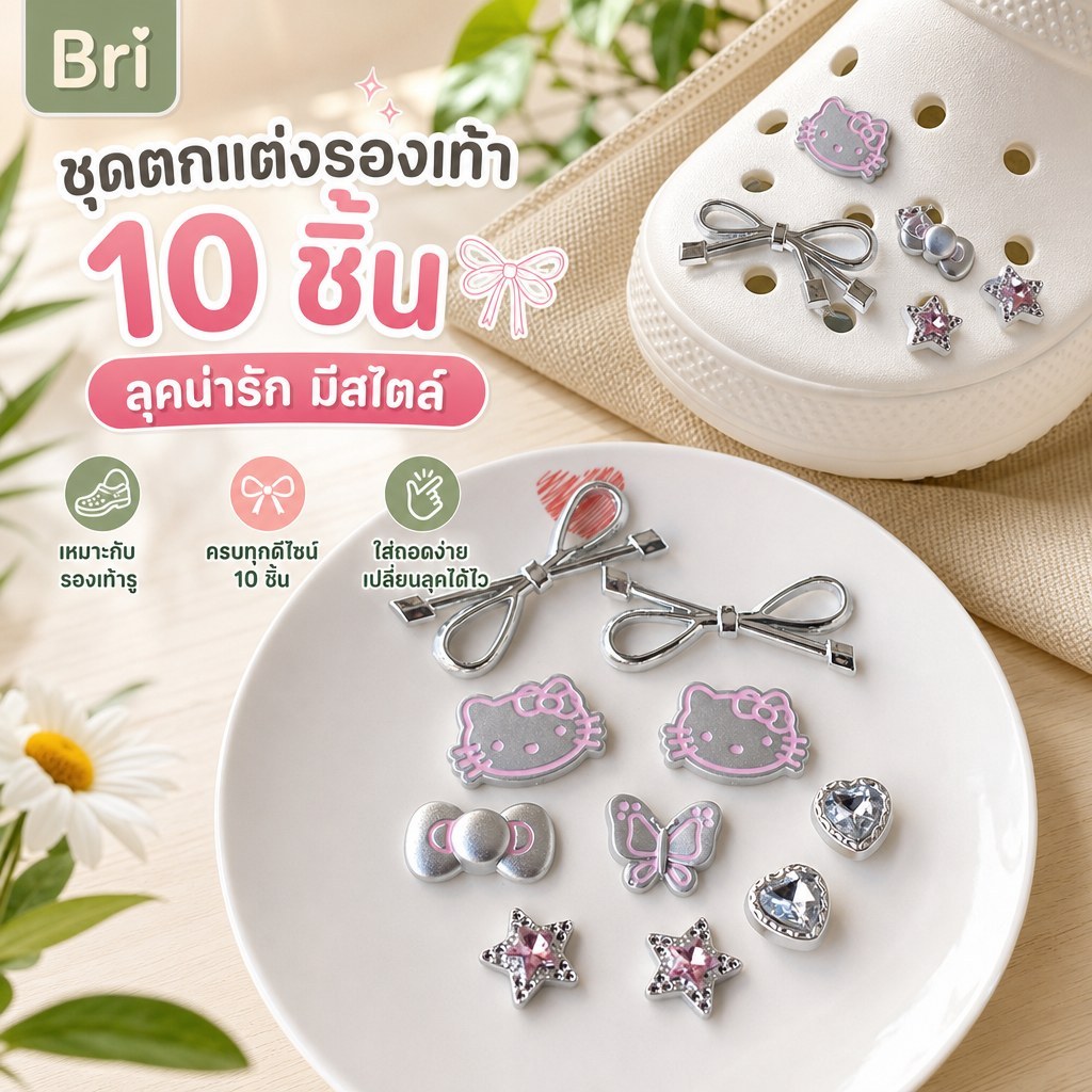 ชุดตกแต่งรองเท้า Hello Kitty สีเงิน 10 ชิ้น/เซ็ต พร้อมใช้งาน DIY เสริมลุคให้สนุกยามพักผ่อน