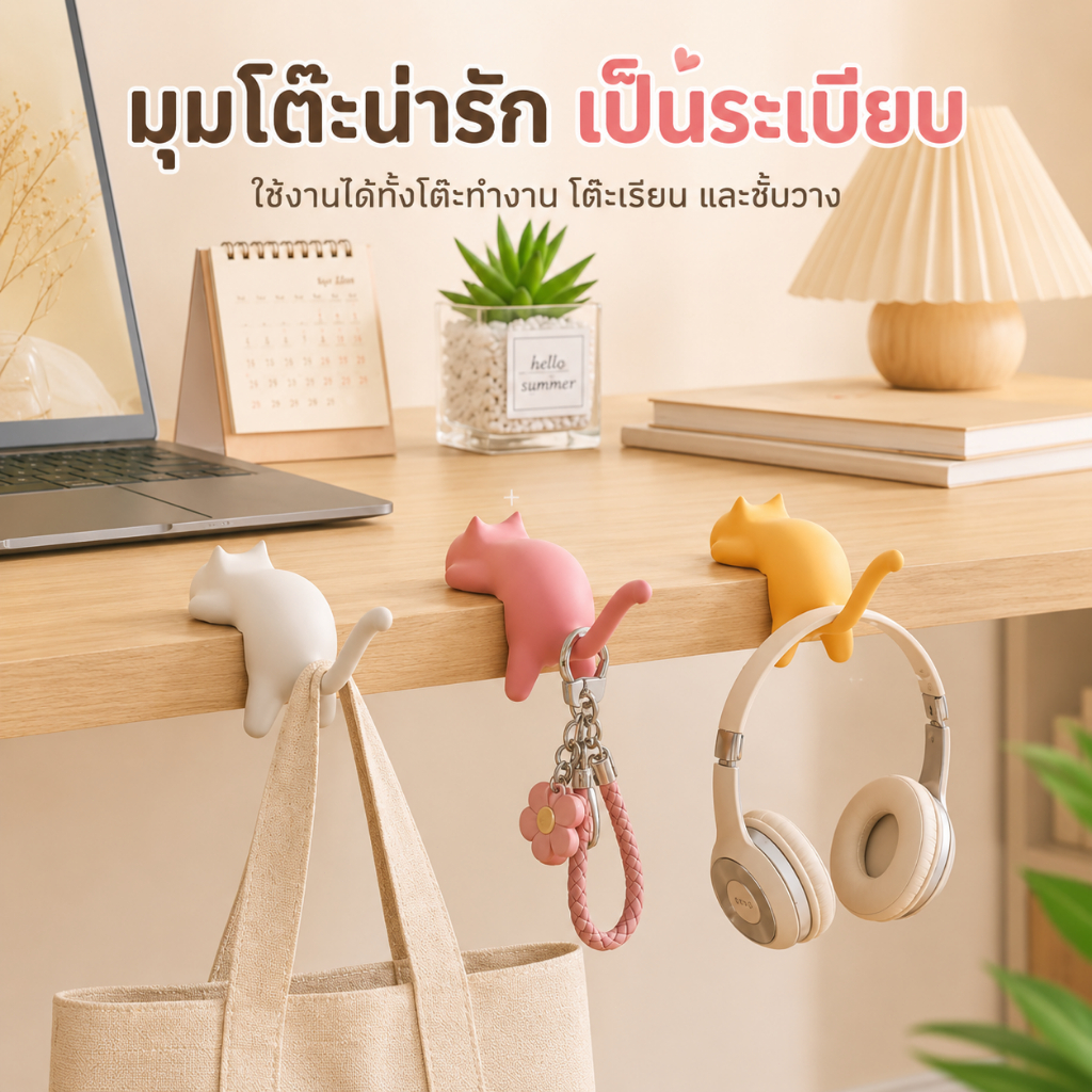 LIVENEST.น่ารักแบบพกพาแมวกระเป๋าตะขอแขวนโต๊ะผู้ถือกระเป๋าโต๊ะออแกไนเซอร์ตกแต่งบ้านสํานักงาน ไม่จําเป็นต้องเจาะ ติด บริษัท โหลด-แบริ่ง อย่างดี 3 สี ใช้งานง่าย ประหยัดพื้นที่
