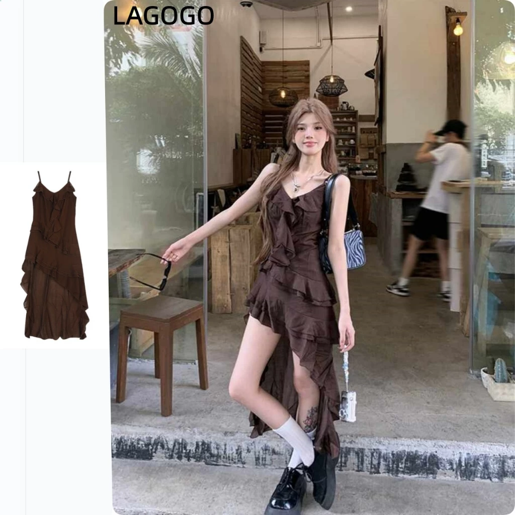 ชุดเดรสจับจีบไม่สม่ําเสมอย้อนยุคฝรั่งเศสกระโปรงแขวนของผู้หญิงกระโปรงยาวทรงเอ