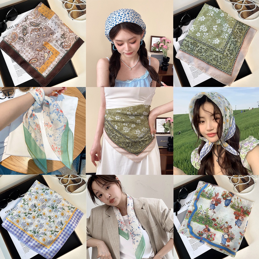 พร้อมสต็อก จัดส่งที่รวดเร็ว ผ้าพันคอไหมผ้าซาตินยางรัดผมสไตล์เกาหลี [55 x 55ซม] ผ้าพันคอไหมสามเหลี่ยมที่คาดผมน่ารัก
