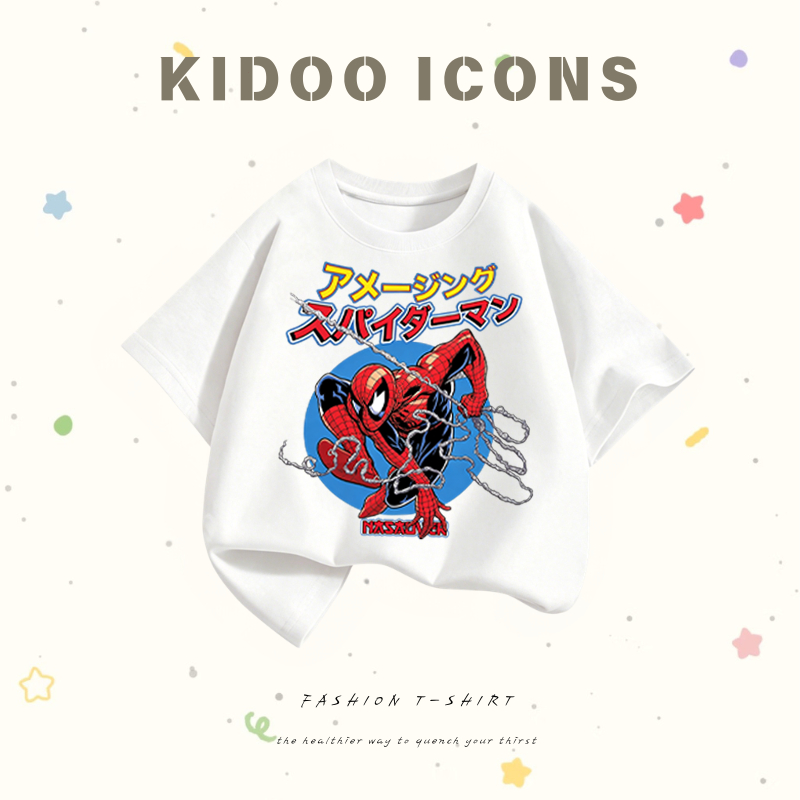 KIDOO ICONS เสื้อยืดเด็กคอกลมผ้าฝ้าย 100% ลาย Spider Man สไตล์อนิเมะญี่ปุ่นพร้อมตัวอักษรญี่ปุ่น แขนสั้น สไตล์เกาหลี  #A01+5254
