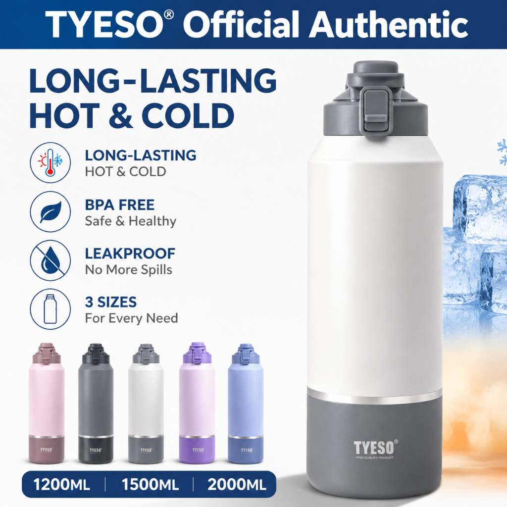 TYESO Thermal Stainless Steel 2000ML with Handle - ขวดน้ําหุ้มฉนวน One-Touch Lid Hot & Cold