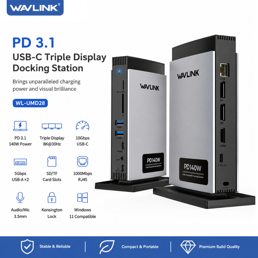 WAVLINK MST Docking Station 11 IN 1 8K Displayport*2 + 8K HDMI, RJ45, 10G USB-C, 2 USB 3.0, SD/TF Sl