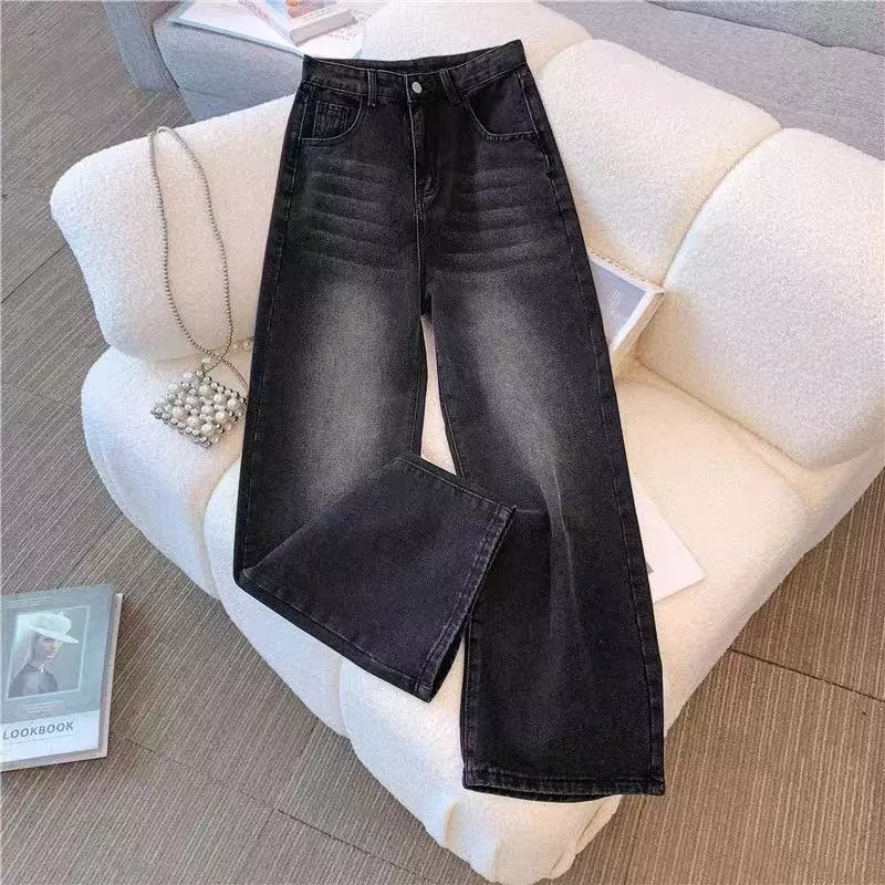 กางเกงยีนส์สีดำฟอกชายบาน สไตล์เรโทร ทรงสลิม,Vintage Black Jeans for Women