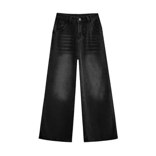 กางเกงยีนส์สีดำฟอกชายบาน สไตล์เรโทร ทรงสลิม,Vintage Black Jeans for Women