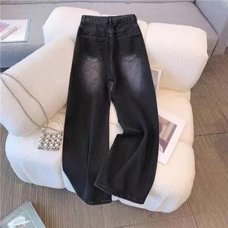 กางเกงยีนส์สีดำฟอกชายบาน สไตล์เรโทร ทรงสลิม,Vintage Black Jeans for Women