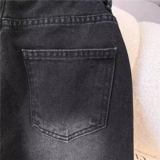 กางเกงยีนส์สีดำฟอกชายบาน สไตล์เรโทร ทรงสลิม,Vintage Black Jeans for Women