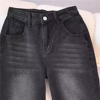 กางเกงยีนส์สีดำฟอกชายบาน สไตล์เรโทร ทรงสลิม,Vintage Black Jeans for Women