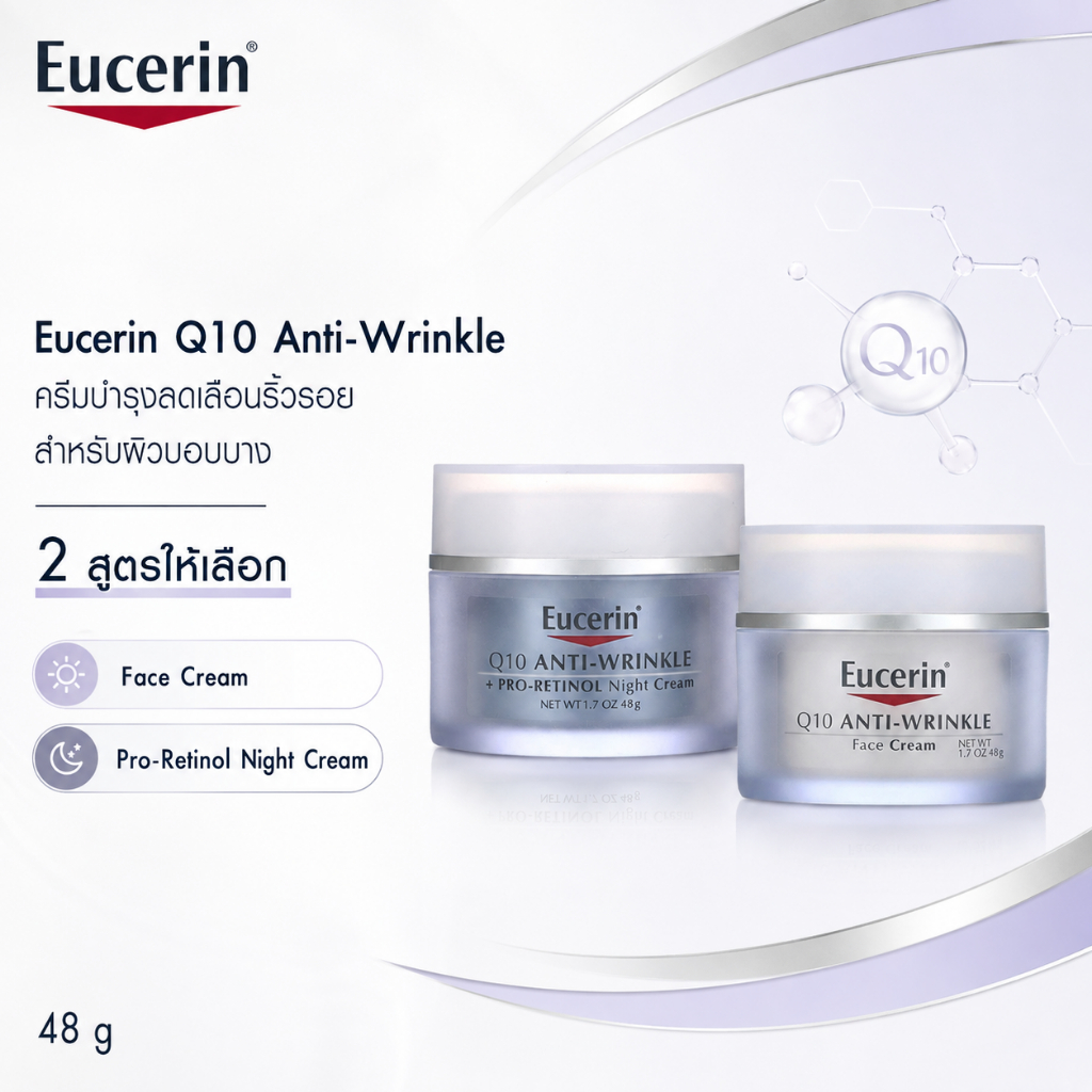 [ซื้อ 1 แถม 1] Eucerin Q10 Anti-Wrinkle Face Creme/Pro-Retinol Night Cream/Redness Relief ลดเลือนริ้วรอยร่องลึกและกระชับ 48g