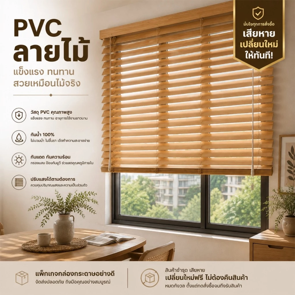 [กันน้ำ 100%] ม่าน มู่ลี่บังแดด PVC คุณภาพสูง ใบ ความกว้าง 25mm ความหนา 0.44mm ช่วยกันแสงและปกป้องความเป็นส่วนตัว