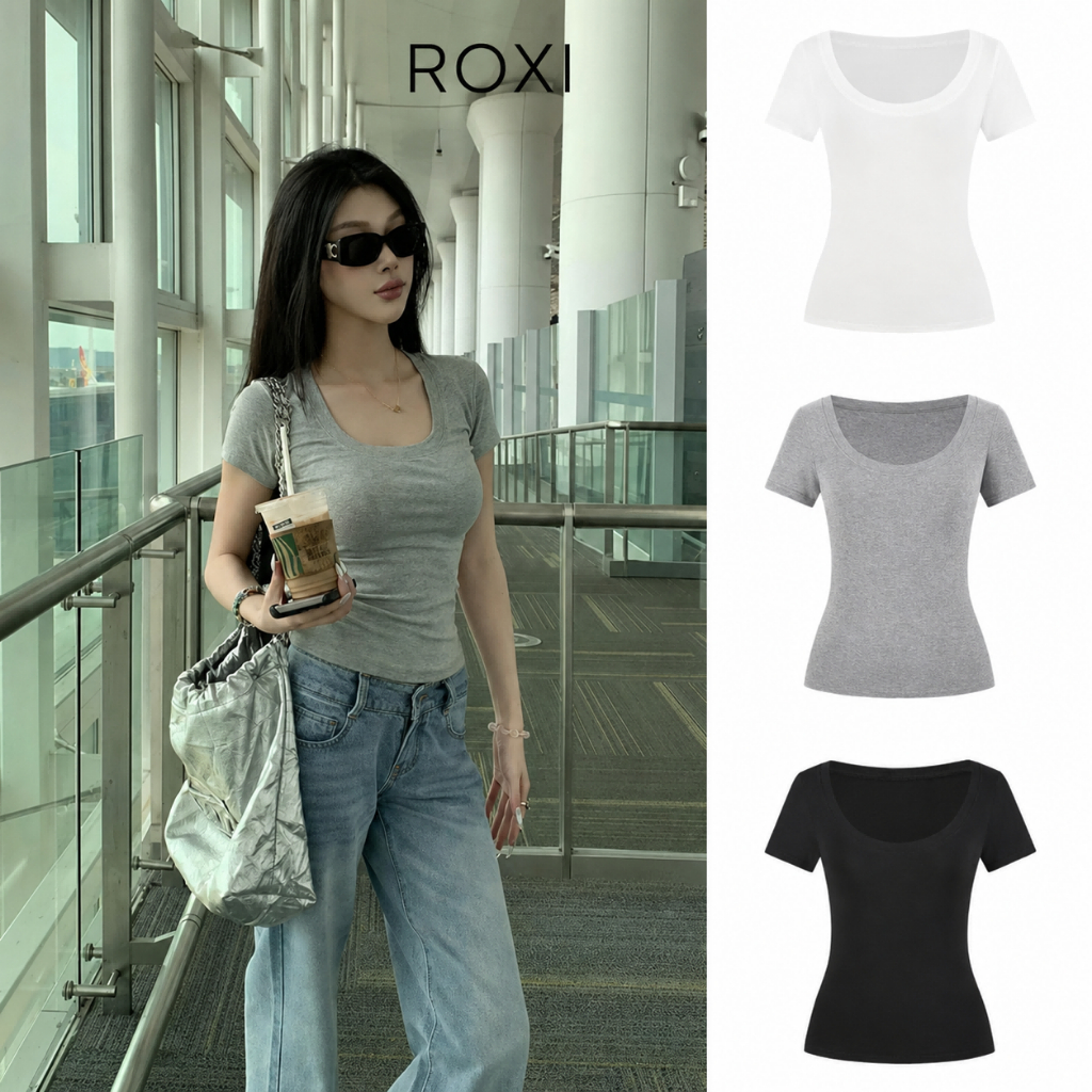 ROXI เสื้อยืดแขนสั้นไหล่ตรงคอยูสําหรับผู้หญิงในฤดูร้อนทรงเข้ารูปรัดเอวรัดรูปสาวร้อนสั้นด้านบน
