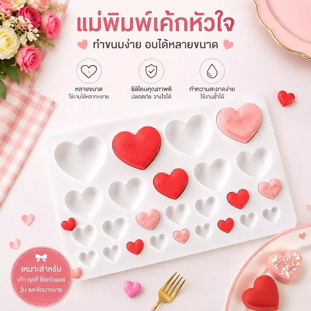 Pengatao09 แม่พิมพ์ซิลิโคนรูปหัวใจ 25 ช่อง ทำช็อกโกแลต ฟองดองต์ เค้ก เรซิ่น อุปกรณ์ DIY เบเกอรี่ตกแต่งขนมอบ TH