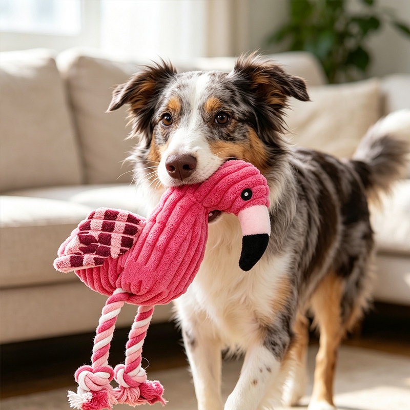 Flamingo Shaped Dog Toys Corduroy ผ้าเชือกฝ้าย Soft Filled PP พร้อมแปรงสีฟันเสียงในตัวของเล่น Make D
