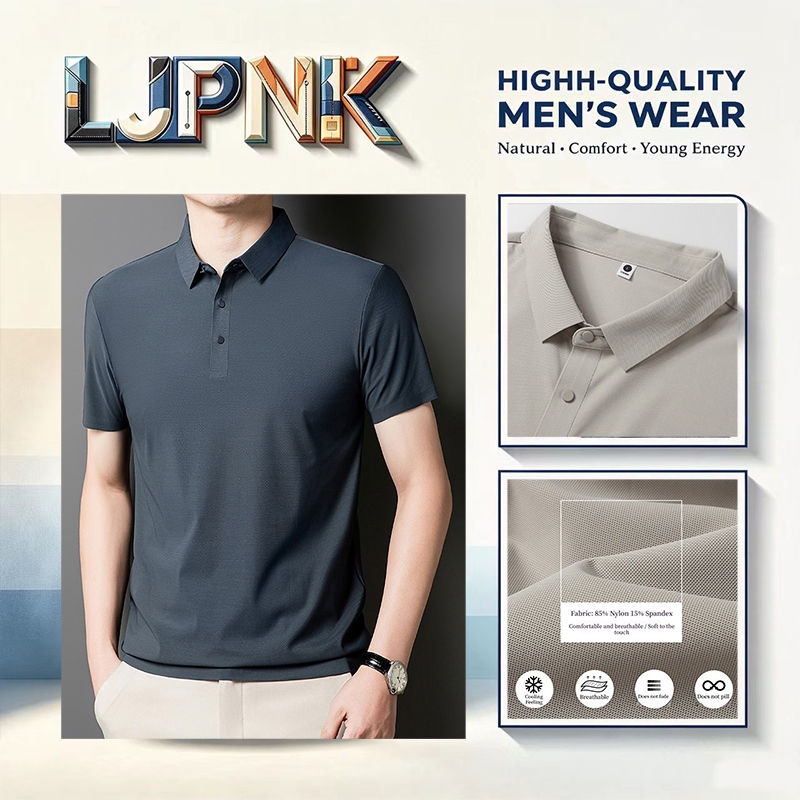 LJPNK โปโลผ้าไหมน้ําแข็งแห้งเร็วสําหรับผู้ชาย – เสื้อสัมผัสเย็นไร้รอยต่อน้ําหนักเบาสําหรับสวมใส่ในฤดูร้อน